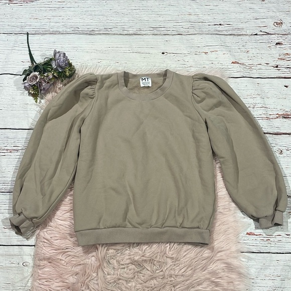 Madeleine Thompson Taupe Puff Sleeve Crewneck Classic Sweatshirt - Picture 1 of 9